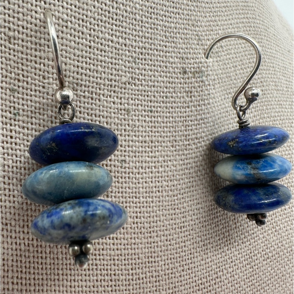 Real lapis beaded gemstone silvertone dangle earrings